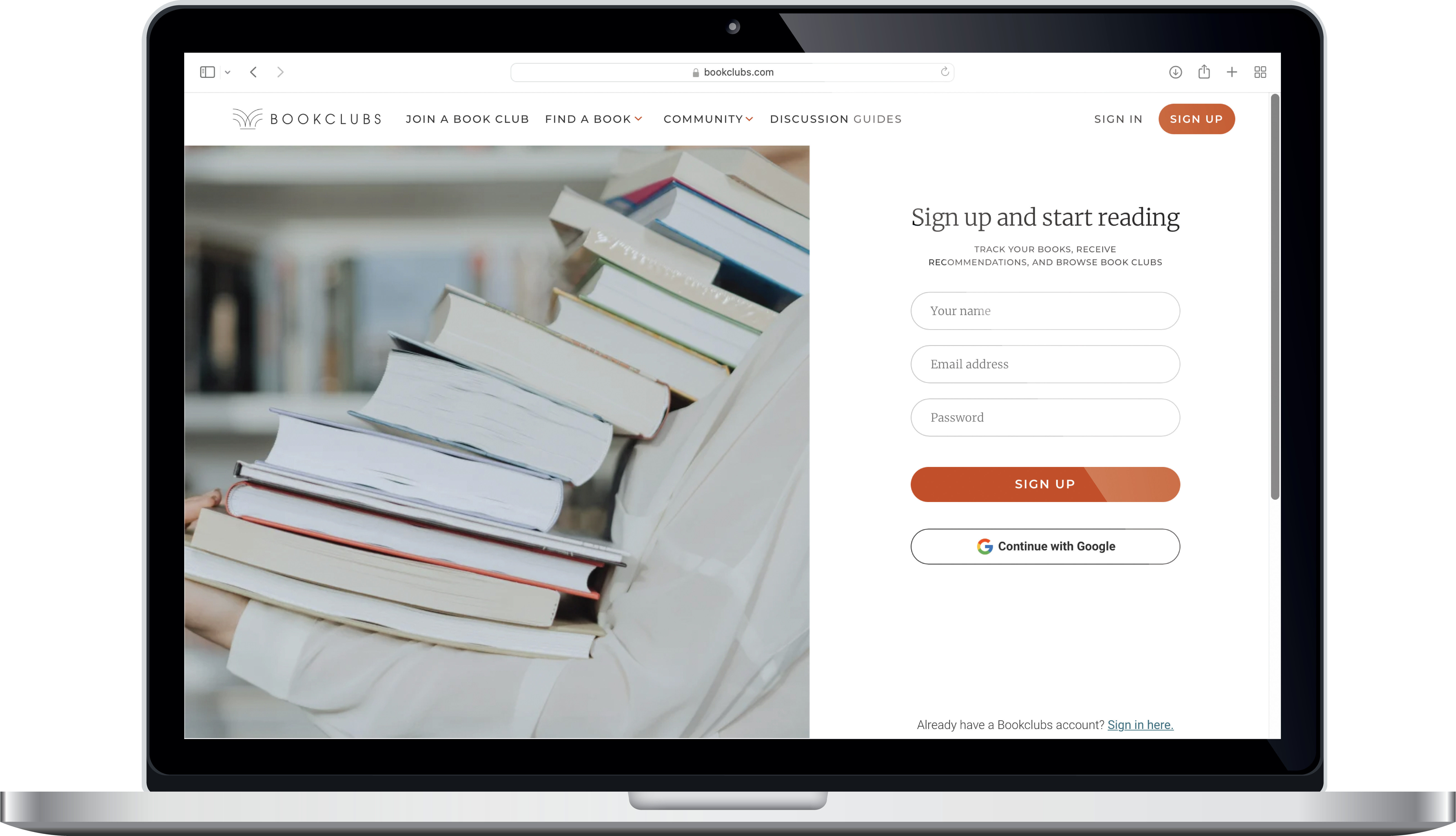 Bookclubs user sign in screen