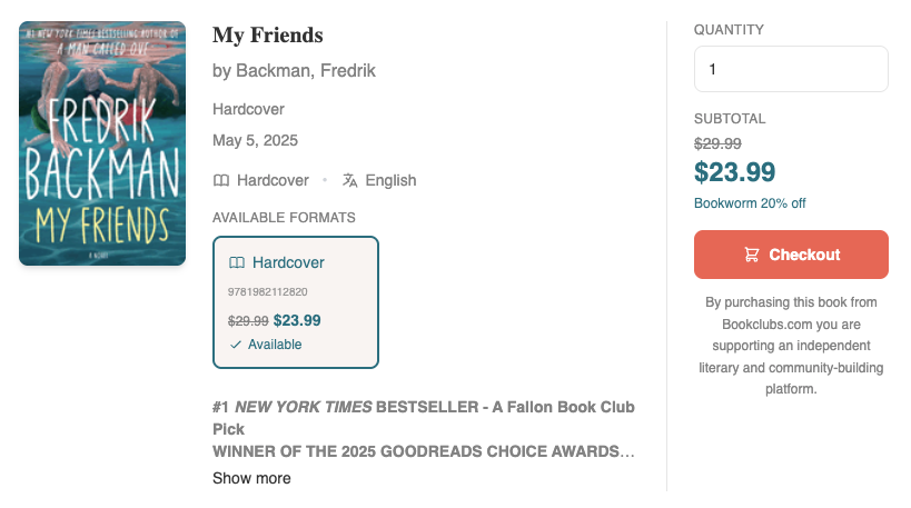 Screenshot of book purchase website page on Bookclubs.com